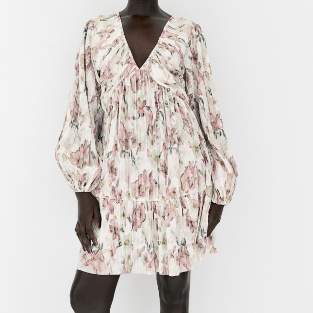 H&M White Mini Dress with Pink and Green Floral Print